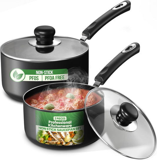 Nonstick Saucepan Set, Cooking Pots with Lids, 1 Quart and 2 Quarts Multipurpose Kitchen Small Pots for Cooking Nonstick with Lids, 1 Qt & 2 Qt Set, Grey & Black