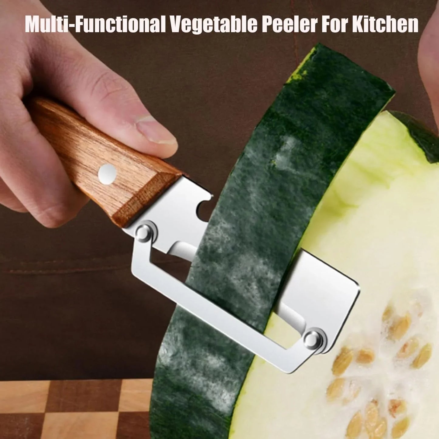 Hand using a multi-functional vegetable peeler with wooden handle to peel squash