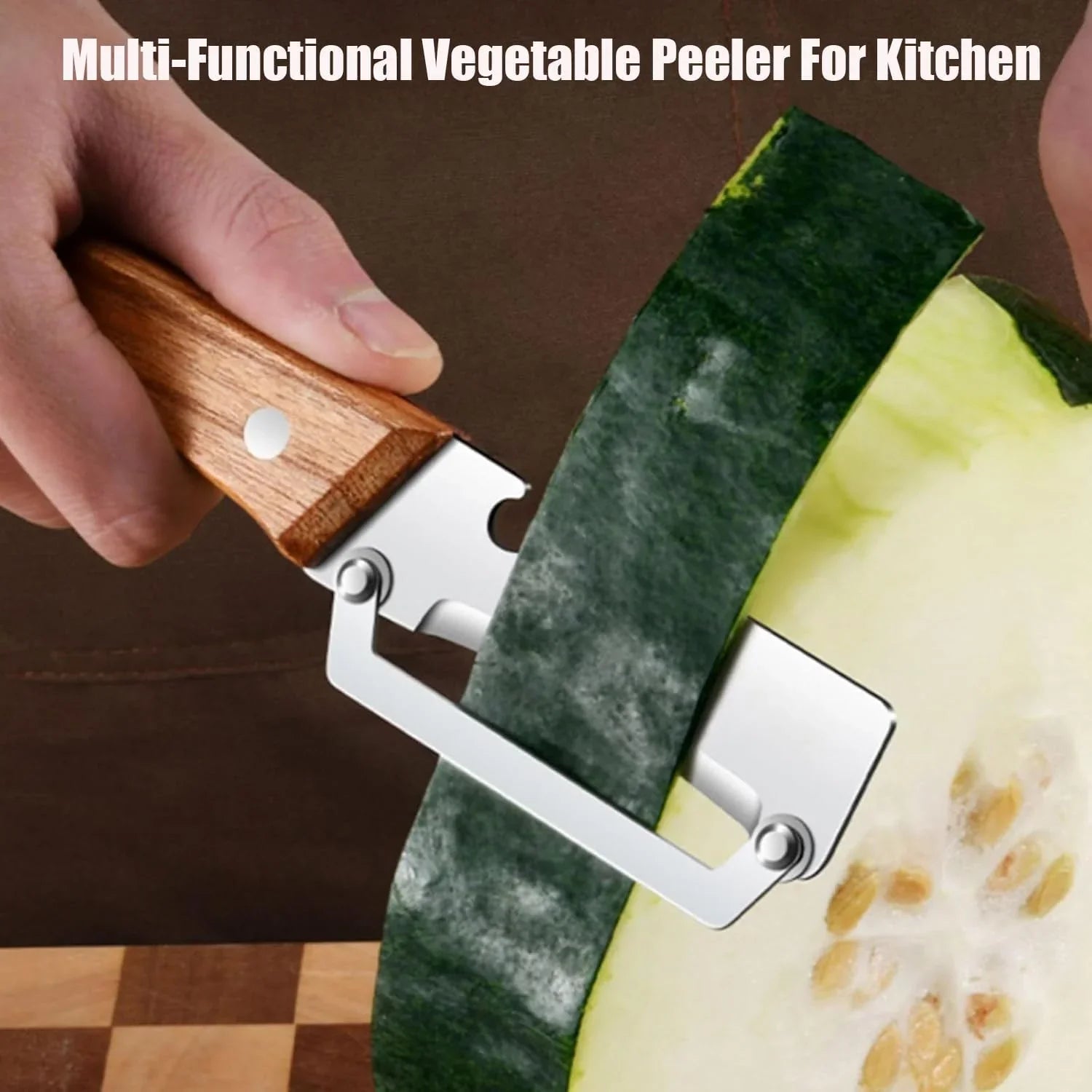 Hand using a multi-functional vegetable peeler with wooden handle to peel squash