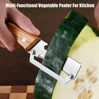 Hand using a multi-functional vegetable peeler with wooden handle to peel squash