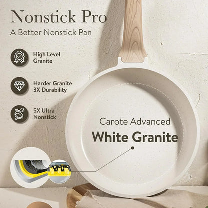 White granite nonstick frying pan with wood handle, high durability and ultra nonstick features.