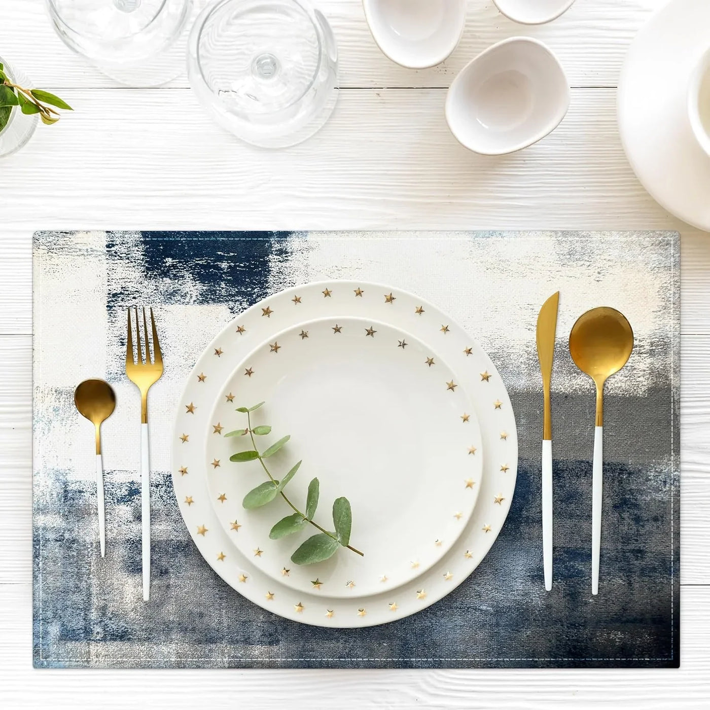 Blue and Gray Placemats Washable, Linen Rectangular Place Mats Set of 4, Dining Table Decor for Living Room, Kitchen, Farmhouse and Outdoor (White Gray, 12X18 Inch)