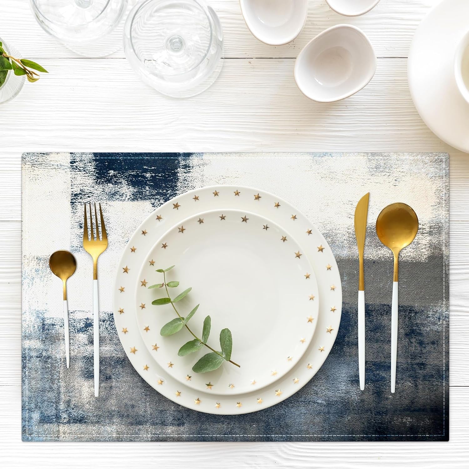 Blue and Gray Placemats Washable, Linen Rectangular Place Mats Set of 4, Dining Table Decor for Living Room, Kitchen, Farmhouse and Outdoor (White Gray, 12X18 Inch)