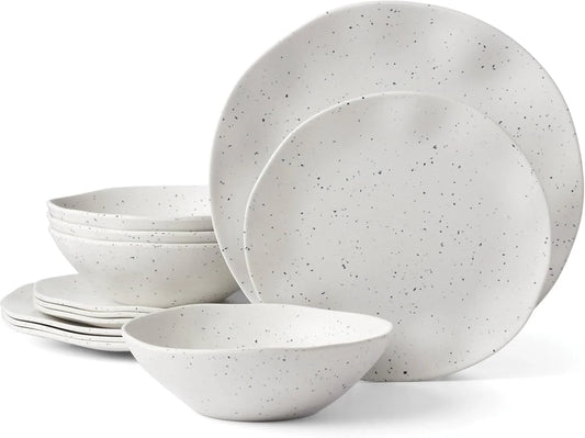 895951 Terrazzo Melamine Cream 12 Piece Dinnerware Set, Lightweight Melamine Material