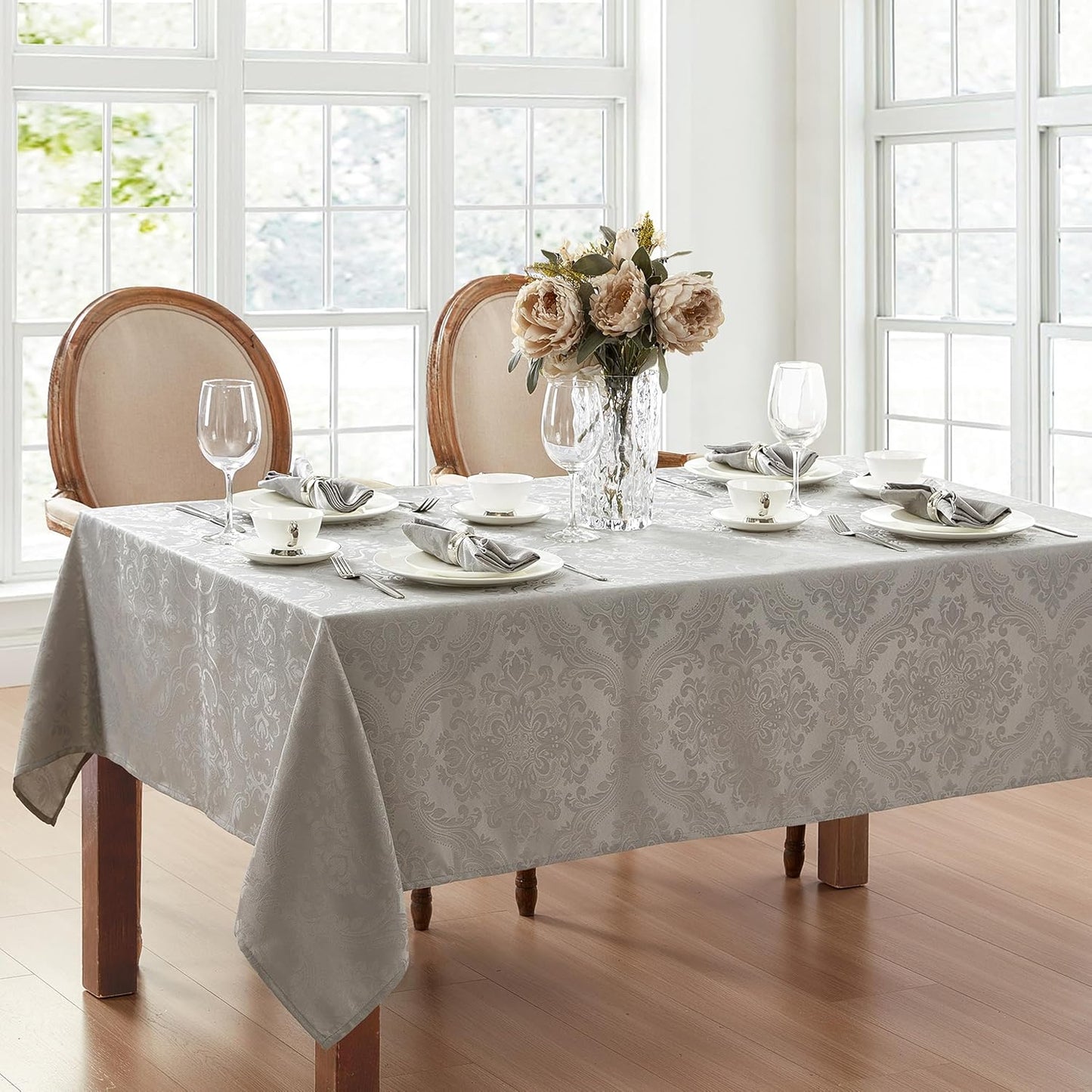 Home Fashions Caiden Elegance Damask Waterproof, Stain & Wrinkle Resistant Fabric Tablecloth, 52" X 52" Square, Silver