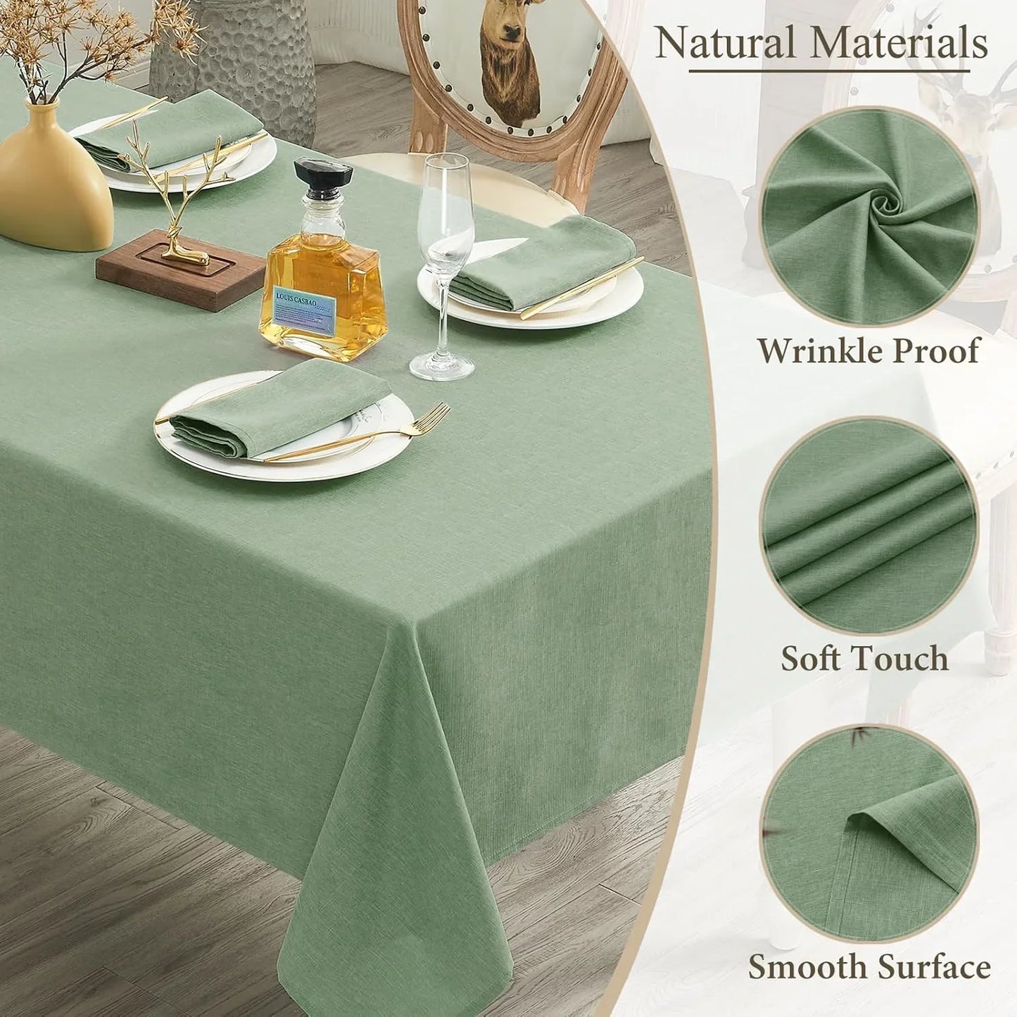 Rectangle Table Cloth, Waterproof and Stain Resistant Linen Style Farmhouse Tablecloth, Washable Faux Decoration Fabric Table Cover for Kitchen Dinning or Outdoor Use, Sage Green 52 X 70 Inch