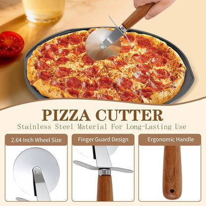 5Pcs Pizza Pan Set - 12 Inch Pizza Pan with Holes, Non-Stick, Pizza Oven Accessories with 2 Carbon Steel round Pans, Pizza Cutter and 2 Gloves, Dishwasher Safe