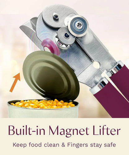 Stainless steel can opener with built-in magnet lifter opening corn can, safe & clean kitchen tool