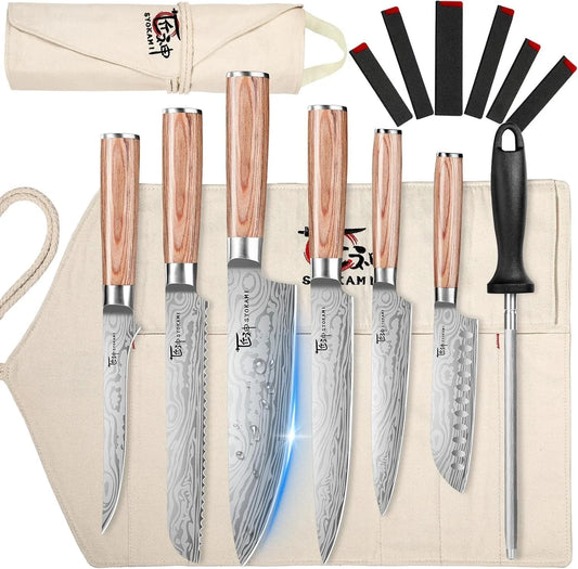 14Pcs Chef Knife Set with Roll Bag, Professional Stainless Steel Japanese Knife Set with Pakkawood Handle for Professional Chef, Camping, Travel, BBQ, RV or Gift Beige