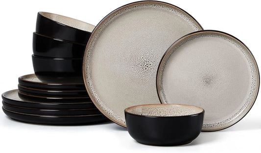 Porcelain Dinnerware Sets, 12 Piece Ceramic Plates and Bowls for 4, Dishwasher & Microwave Safe Stoneware Dishes Set, Chip and Scratch Resistant Kitchen Dishware Set, Tidal Khaki