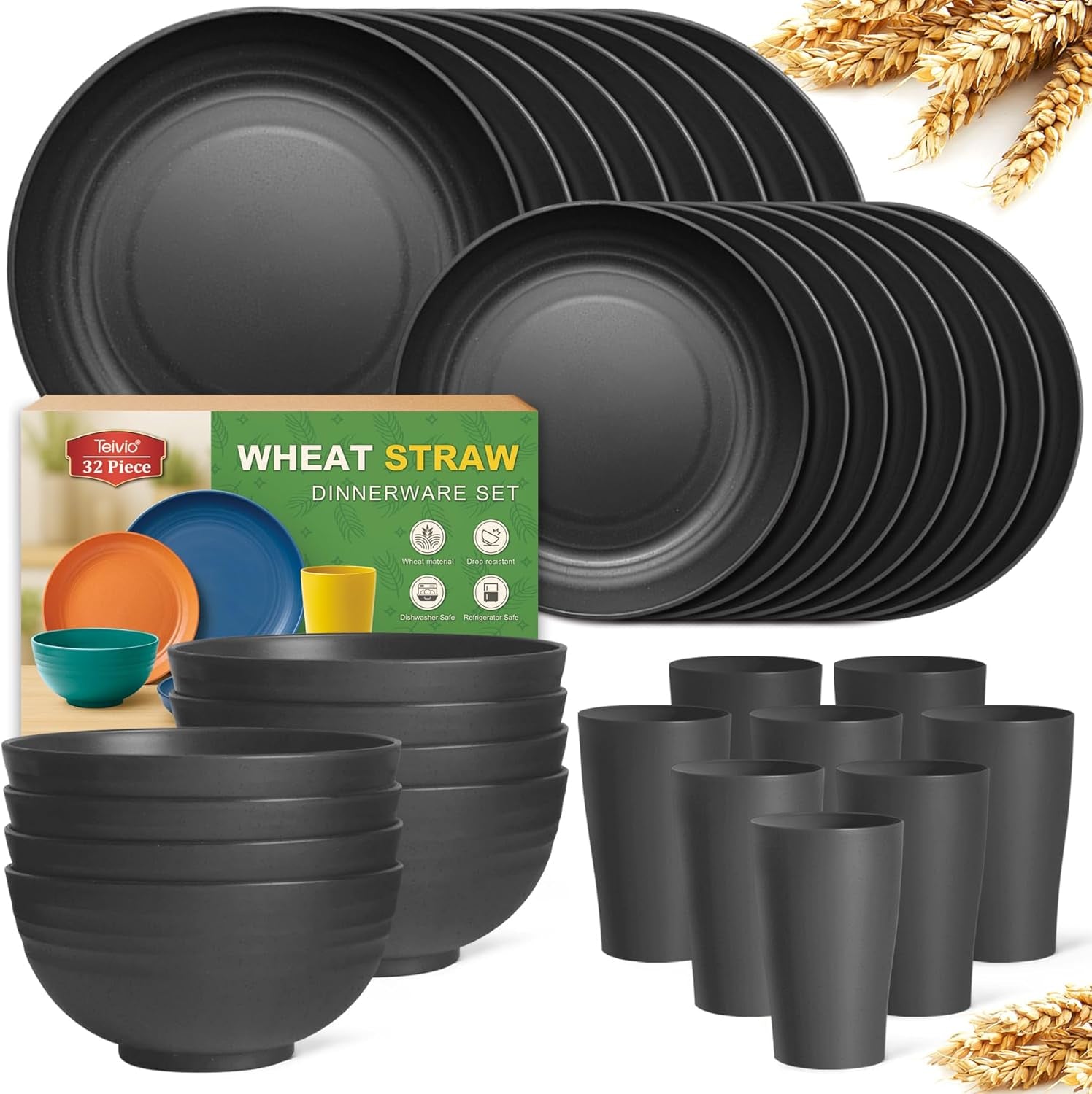 32-Piece Kitchen Plastic Wheat Straw Dinnerware Set, Service for 8, Unbreakable Modern Dish Set - Dinner Plate/Dessert Plate/Cereal Bowl/Cup, for Apartment Essentials, Outdoor Camping,Black
