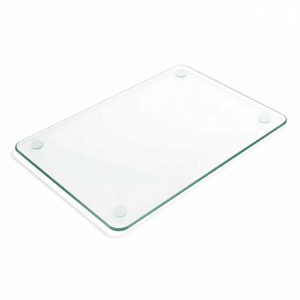 Clear tempered glass cutting board with non-slip feet for kitchen prep and serving