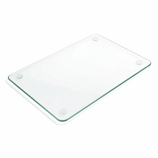 Clear tempered glass cutting board with non-slip feet for kitchen prep and serving