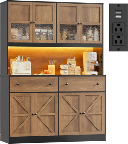 71" Pantry Cabinet with LED Light and Charging Station, Farmhouse Kitchen Pantry Cabinet with Microwave Stand, 47.2" Wide Kitchen Hutch Food Pantry with Open Countertop, Black/Brown