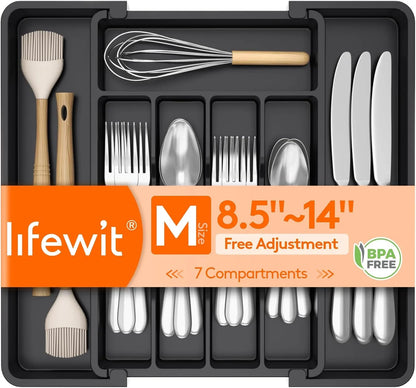 Silverware Drawer Organizer, Expandable Utensil Tray for Kitchen, BPA Free Flatware and Cutlery Holder, Adjustable Plastic Storage for Spoons Forks Knives, 8.5-14 X 12", Black