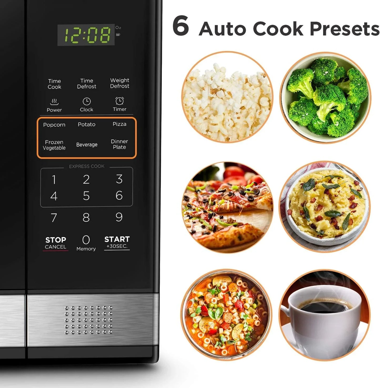 EM031MB11 Digital Microwave Oven with Turntable Push-Button Door, Child Safety Lock, 1000W, 1.1Cu.Ft, Black & Stainless Steel, 1.1 Cu.Ft
