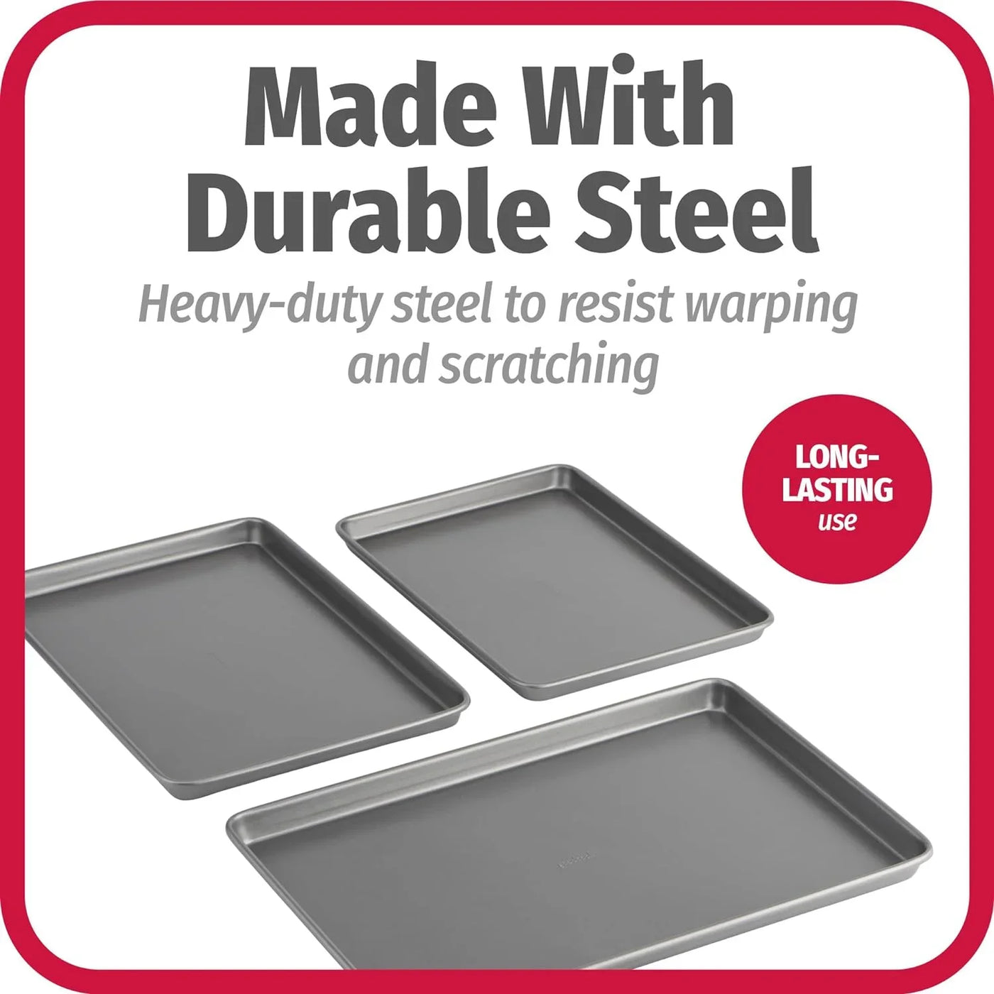 Everyday Nonstick Baking Sheet Set, 3 Pack Includes One Small, Medium & Large Pan Carbon Steel Construction Cookie Sheet Bakeware Set, Gray