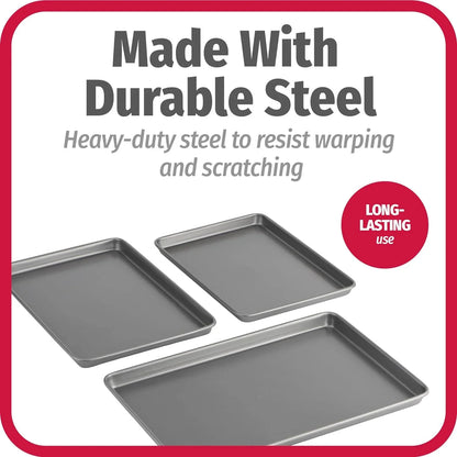 Everyday Nonstick Baking Sheet Set, 3 Pack Includes One Small, Medium & Large Pan Carbon Steel Construction Cookie Sheet Bakeware Set, Gray