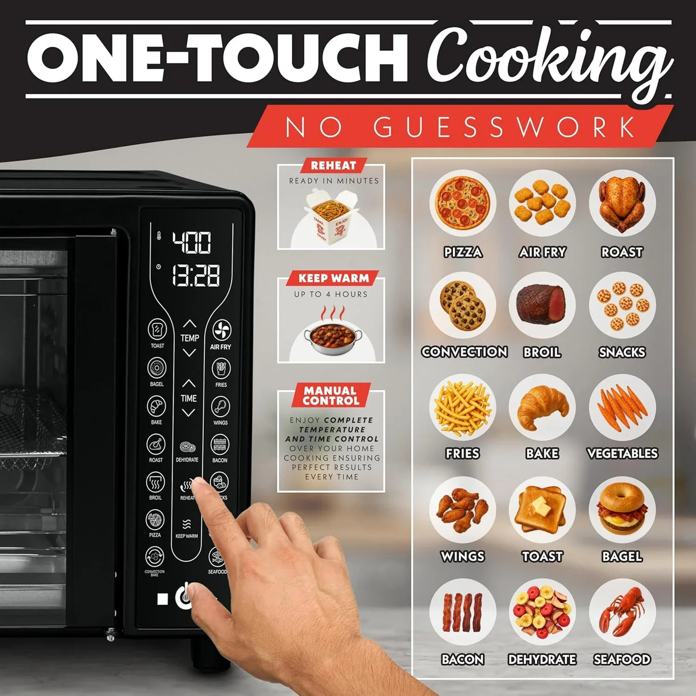 French Door Air Fryer – 25 Qt Large Capacity Convection Oven, Fryforce 360°, Digital Display with 17 Cooking Presets, Bake, Toast, Roast, Dehydrate, Fits 12” Pizza