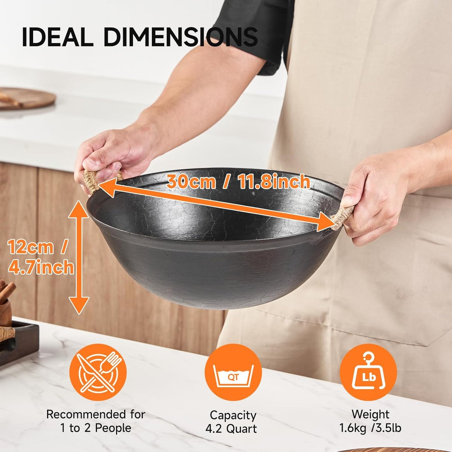 11.8" round Bottom Cast Iron Wok - Small Traditional Pow Wok for Camping & Open Fire - Gas Stove Compatible (Wok Ring Required) - Uncoated Stir Fry Pan with Cleaning Brush