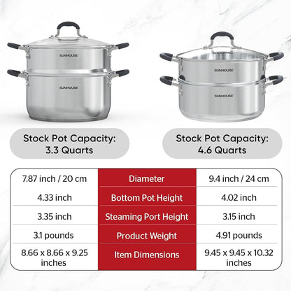 - 3.1 Quart Steamer Pots with Lid 2-Tier Multipurpose Stainless Steel Steaming Pot Cookware with Handle for Vegetable, Dumpling, Sauce, Food - Triple Bottom, Measurement Line