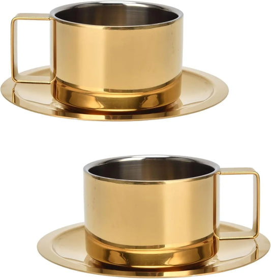 2Pcs Espresso Cups and Saucers Set, Coffee Cup and Saucer Set Gold Coffee Mug Stainless Steel Demitasse Cups Exquisite Luxury Small Coffee Containers for Latte Cappuccino Tea, 200ML