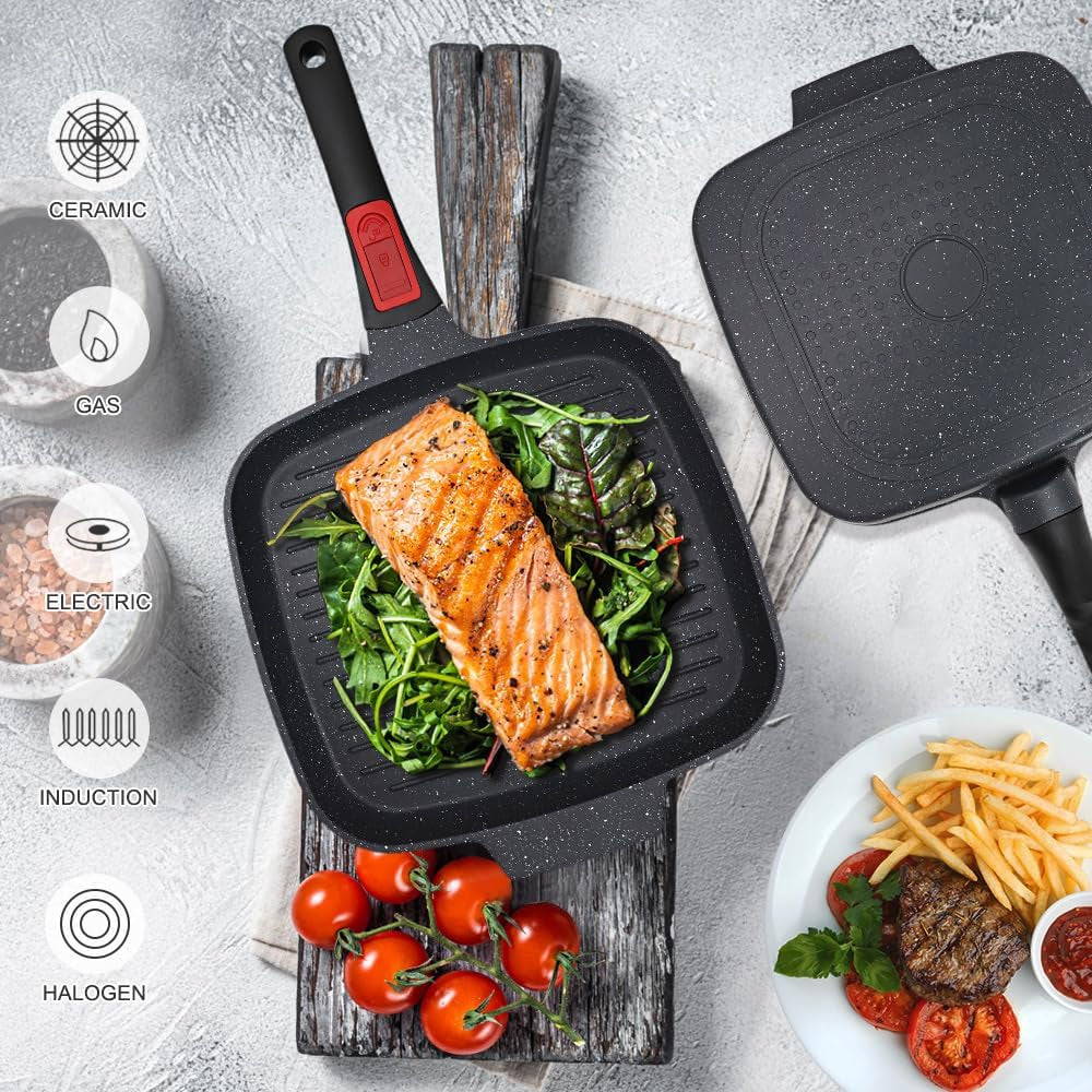 Griddle Pan with Lid, 10 Inch Cast Aluminium Non Stick Grill Pan with Detachable Handle for Induction Hob, Black