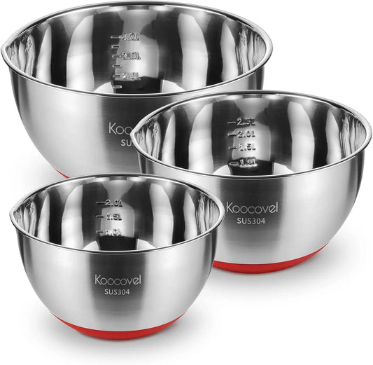 Metal Mixing Bowls Set Stainless Steel, Metal Bowl for Baking, Non Slip Mixing Bowl Set, Salad Bowl with Pour Spout, Nesting Design& Dishwasher-Safe(Set of 3)