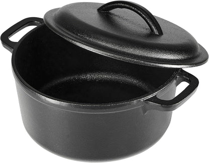 Pre-Seasoned Cast Iron Mini Dutch Oven Pot with Lid and Dual Handles, Oven Safe, 2-Quart, Round, Black