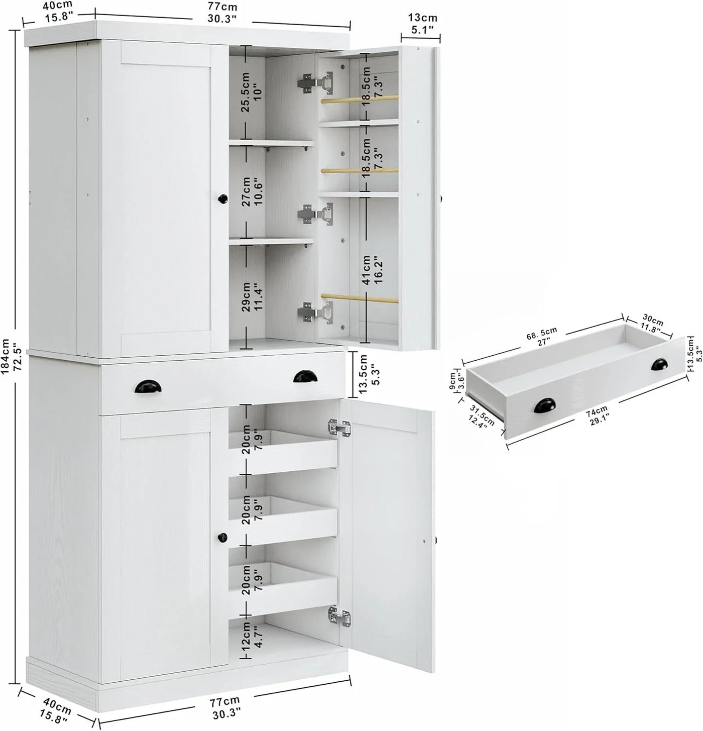 Kitchen Pantry Cabinet 72" Height, Freestanding Cupboard with Drawer, Sliding Storage Rack, and 6 Hanging Shelves for Dining Room, Laundry, White