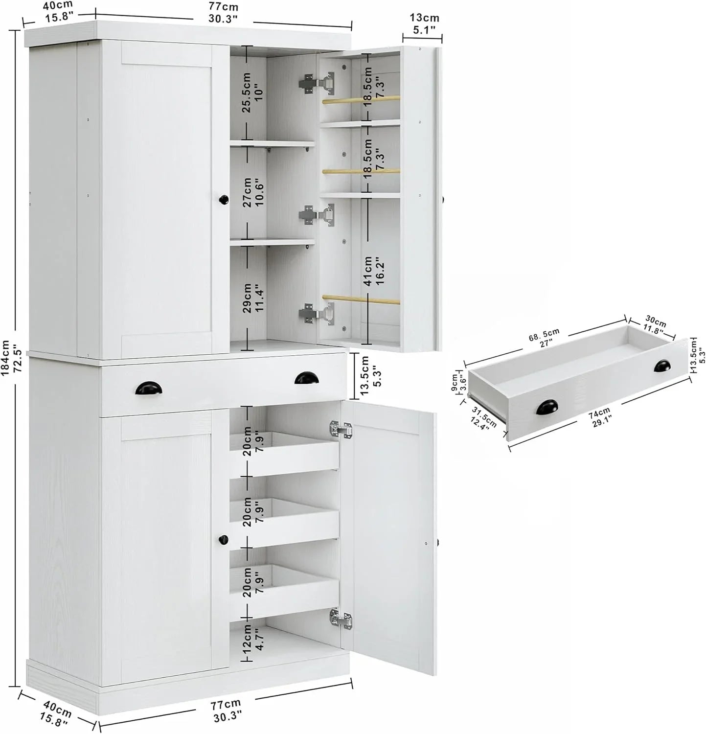 Kitchen Pantry Cabinet 72" Height, Freestanding Cupboard with Drawer, Sliding Storage Rack, and 6 Hanging Shelves for Dining Room, Laundry, White