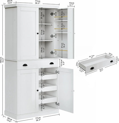 Kitchen Pantry Cabinet 72" Height, Freestanding Cupboard with Drawer, Sliding Storage Rack, and 6 Hanging Shelves for Dining Room, Laundry, White