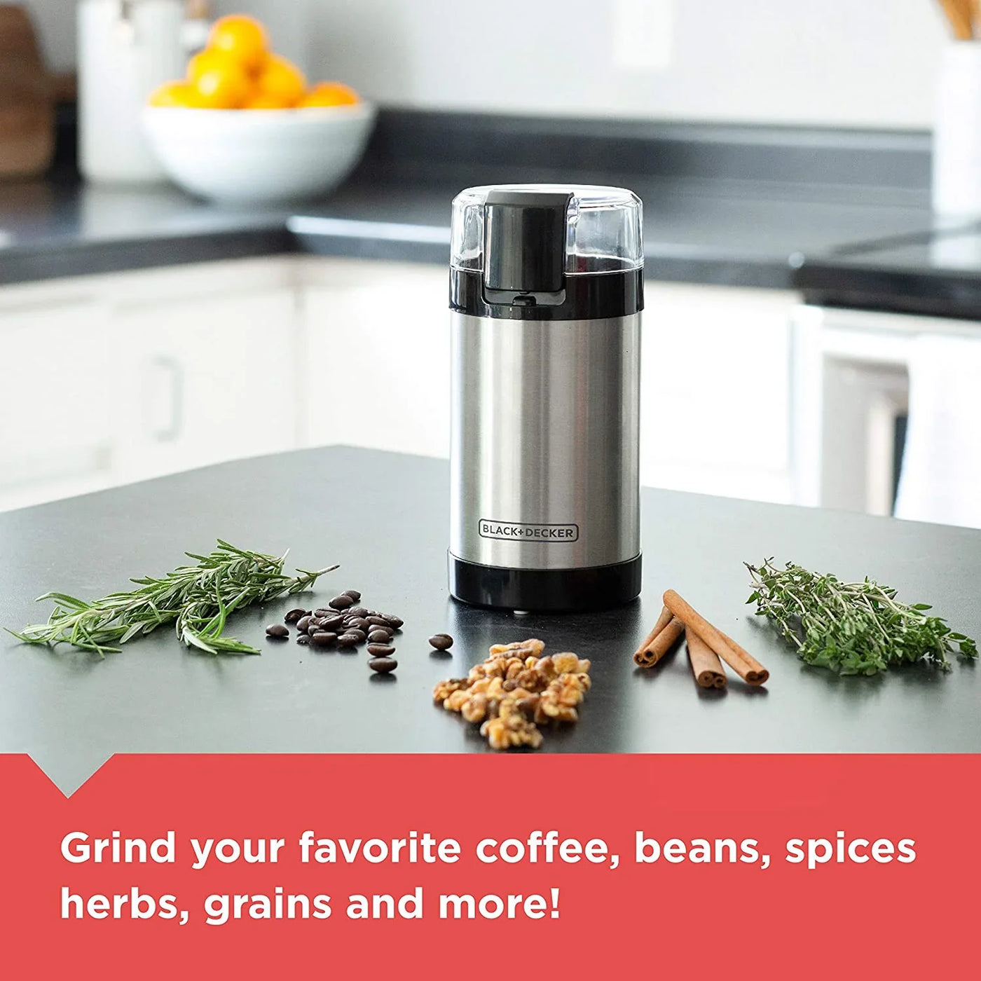 One Touch Coffee Grinder, 2/3 Cup Coffee Bean Capacity, Spice Grinder, One Touch Push-Button Control -150 Watts -Stainless Steel Blades