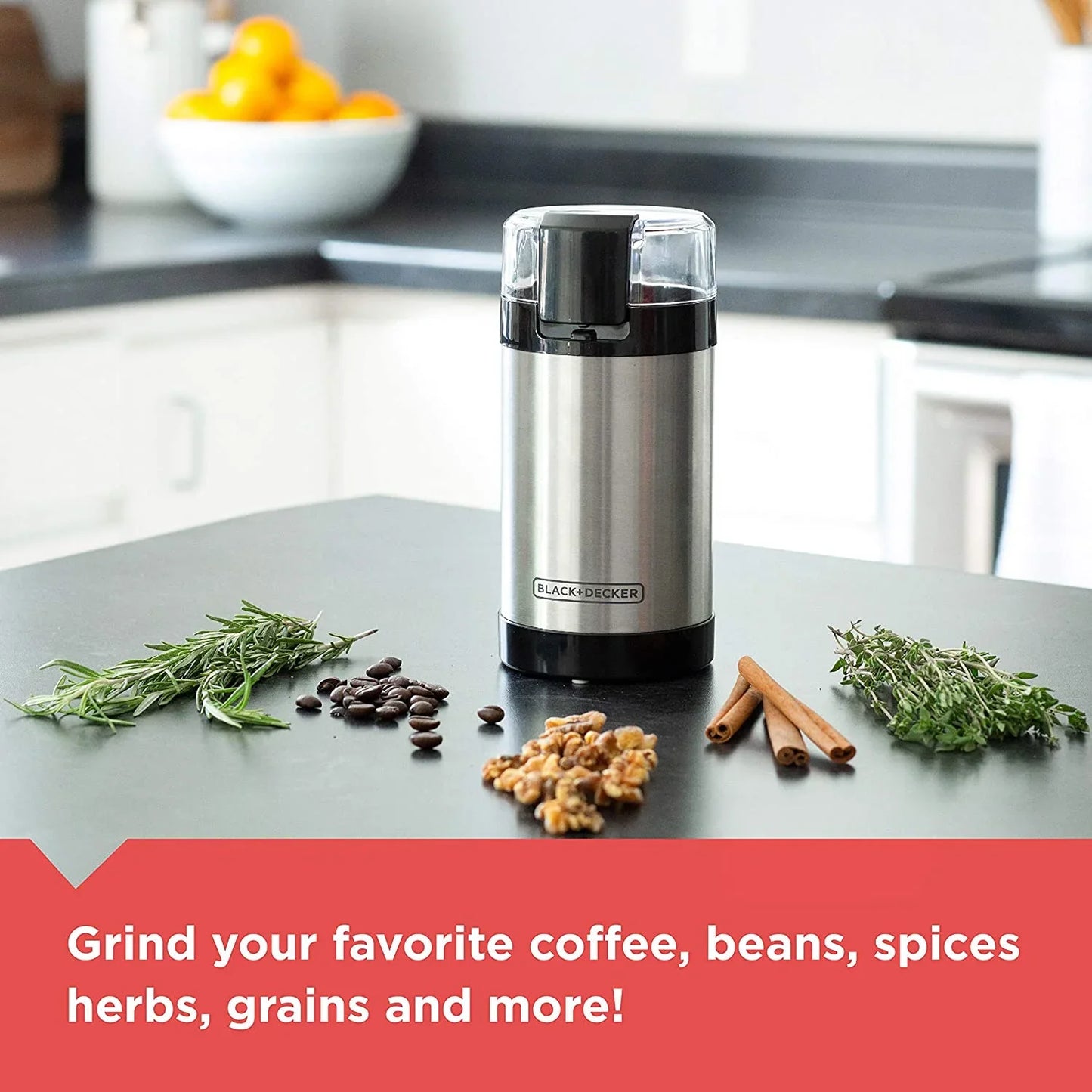 One Touch Coffee Grinder, 2/3 Cup Coffee Bean Capacity, Spice Grinder, One Touch Push-Button Control -150 Watts -Stainless Steel Blades
