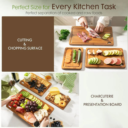 Wooden cutting boards for chopping, slicing, and charcuterie presentation in kitchen tasks