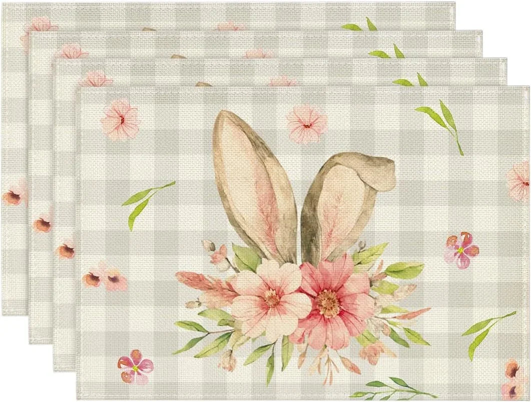 Buffalo Plaid Bunny Rabbit Ears Flower Easter Placemats for Dining Table, 12 X 18 Inch Spring Summer Seasonal Holiday Rustic Vintage Washable Table Mats Set of 4