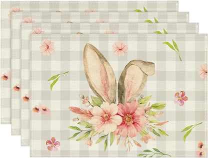 Buffalo Plaid Bunny Rabbit Ears Flower Easter Placemats for Dining Table, 12 X 18 Inch Spring Summer Seasonal Holiday Rustic Vintage Washable Table Mats Set of 4