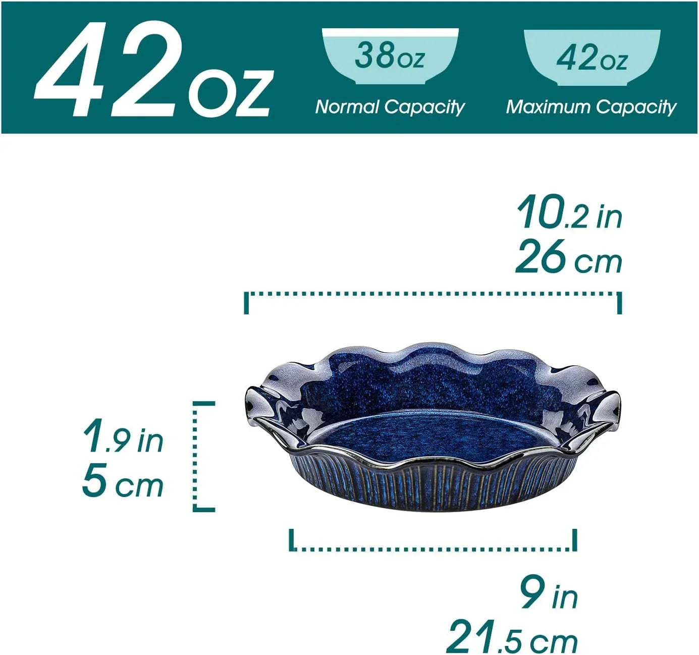 Ceramic Pie Pan for Baking, 9 Inch Deep Pie Plates for Apple Pie, Pot Pie, Tart and Quiche, Reactive Glaze Fluted Pie Pans, Large Pie Dish with Ruffled Edge, Blue, STERN Series