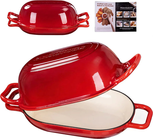 Oval Dutch Oven for Bread Baking, 12 X 8 Inch Cast Iron Bread Oven for Sourdough, Dutch Oven Bread Baking Pan for a Crispy Crust, 5QT, Cherry