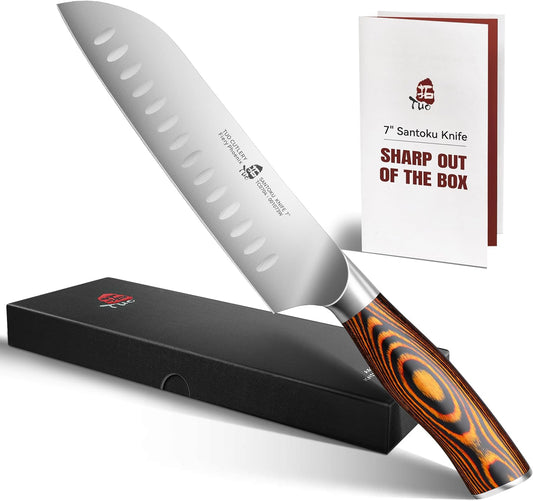 Santoku Knife, 7 Inch Japanese Chef Knife for Vegetable Chopping & Meat Dicing, High Carbon German Steel, Ergonomic Handle - Fiery Phoenix Series