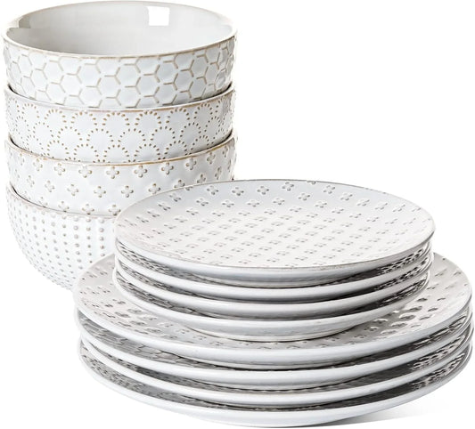 Plates and Bowls Sets for 4, 12 Piece Ceramic Dinnerware Sets, Modern Stoneware Kitchen Dish Set, Chip Resistant, Microwave & Dishwasher Safe, Embossed, Arctic White