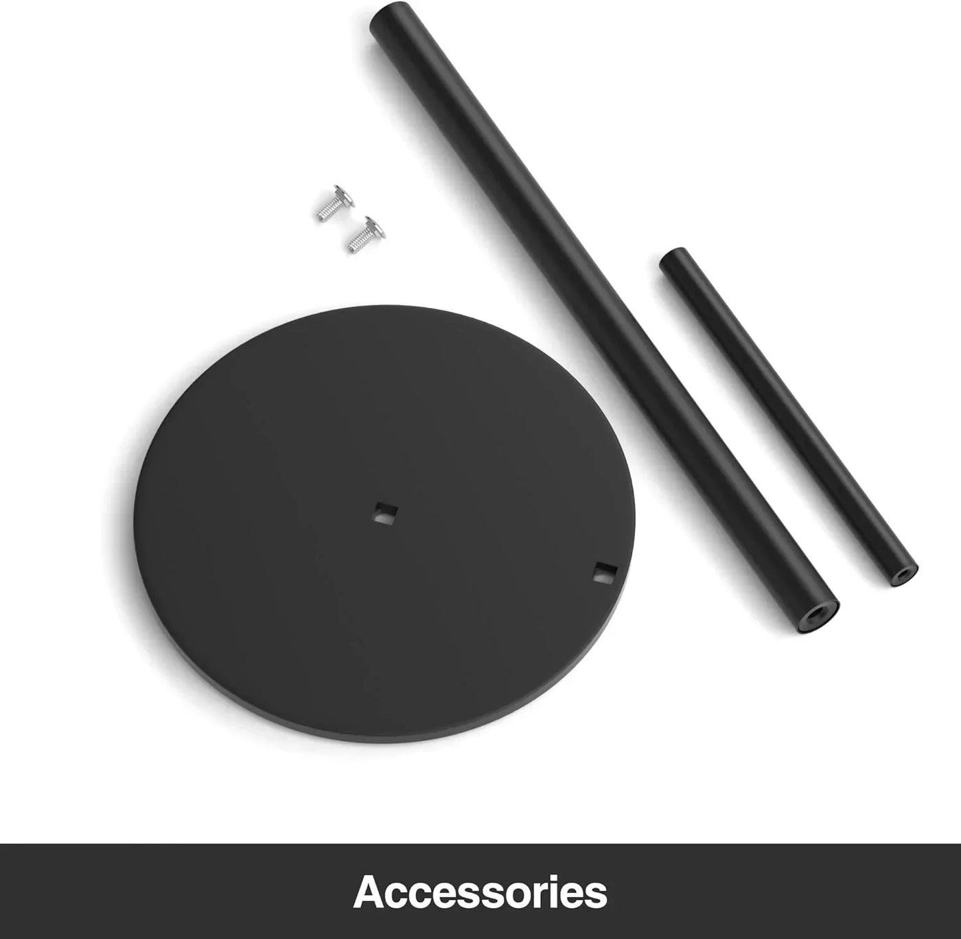 Black circular base with poles and screws for kitchen storage or appliance stand assembly