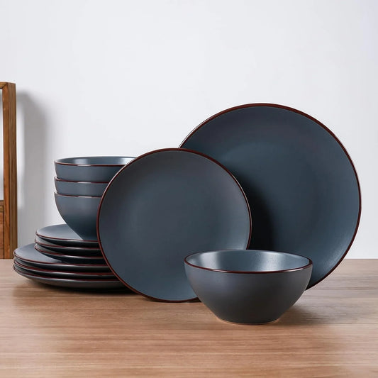 Venus Plates and Bowls Sets, 12 Pieces Stoneware Speckled Dishes Dinnerware Set for 4, Matte Charcoal - Microwave & Dishwasher Safe, Modern Minimalist, for Everyday Meals & Formal Dining