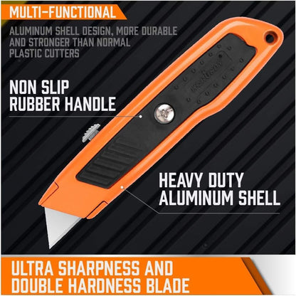 4-Pack Box Cutter Utility Knife, Heavy Duty Aluminum Shell Retractable Box Cutter for Cardboard, Boxes and Cartons, Extra 10 Blades