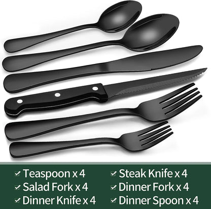 24-Piece Black Silverware Set with Steak Knives, Black Flatware Set for 4, Food-Grade Stainless Steel Tableware Cutlery Set, Mirror Finished Utensil Sets for Home Restaurant, round Edge