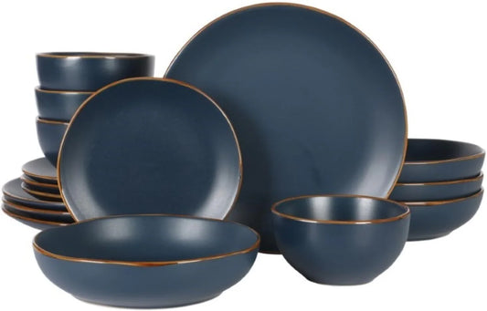 Hazeltine 16-Piece Navy Blue Stoneware Dinnerware Set – Plates and Bowls, Durable Ceramic Kitchen Dinner Set