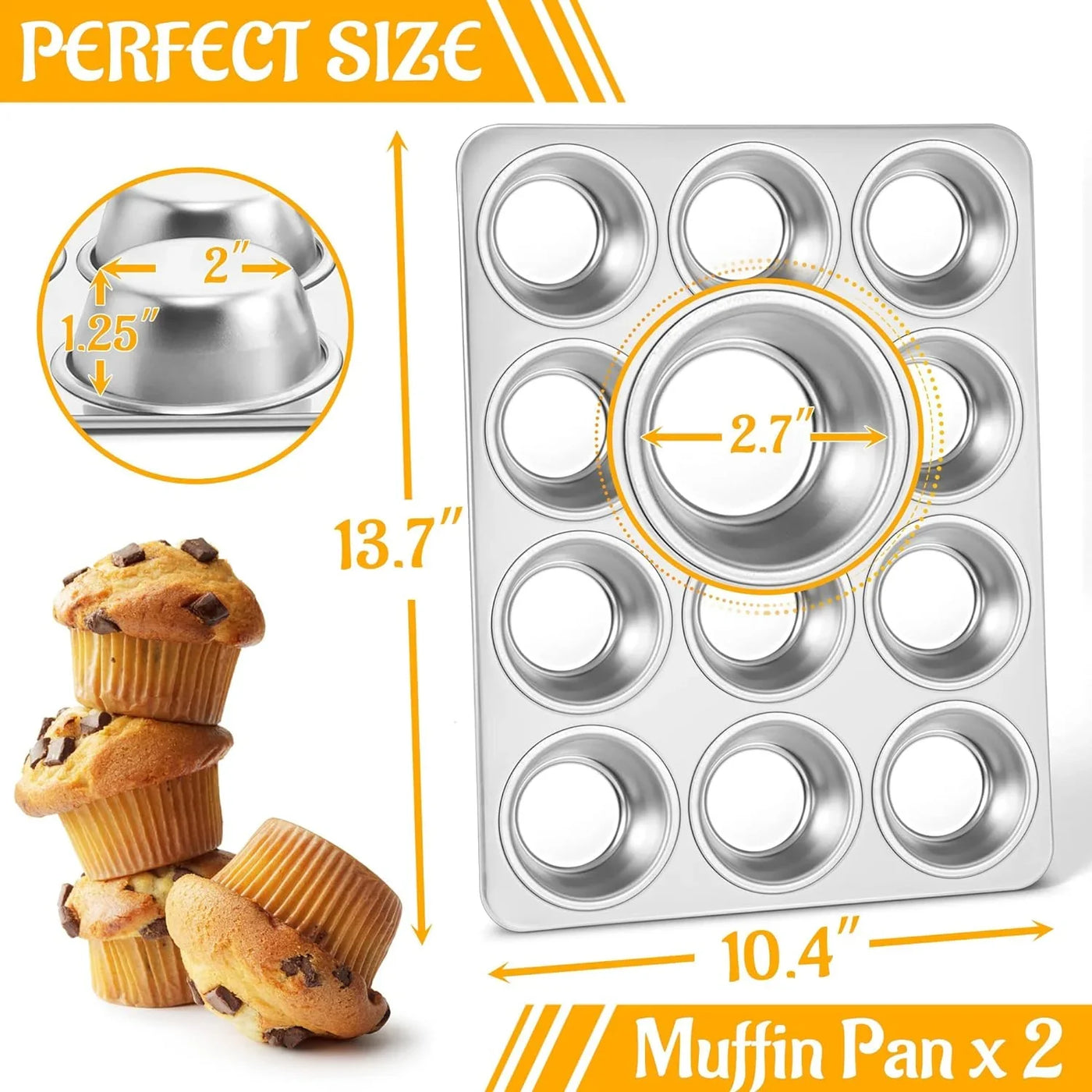 Muffin Pan 12-Cup, Set of 2, Stainless Steel Cupcake Pan Metal Muffin Baking Tins for Oven, Regular Size & Easy Clean, Non-Toxic & Dishwasher Safe