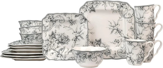 Adelaide Grey 16-Piece Floral Porcelain Dinnerware Set | Microwave and Dishwasher Safe Dining Set for 4 | Stackable and Chip-Resistant Plates Bowls and Cups | Gift for Housewarming & Wedding