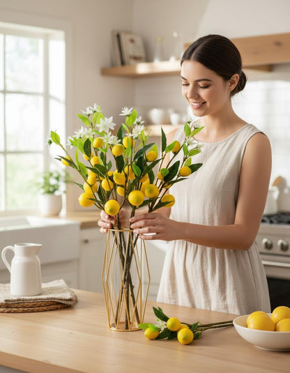 5Pcs Artificial Lemons Branches 24 Inch Fake Fruit Simulation Lemon with Stem for Kitchen Decoration Farmhouse Flower Arrangement Themed Party Table Home Decor