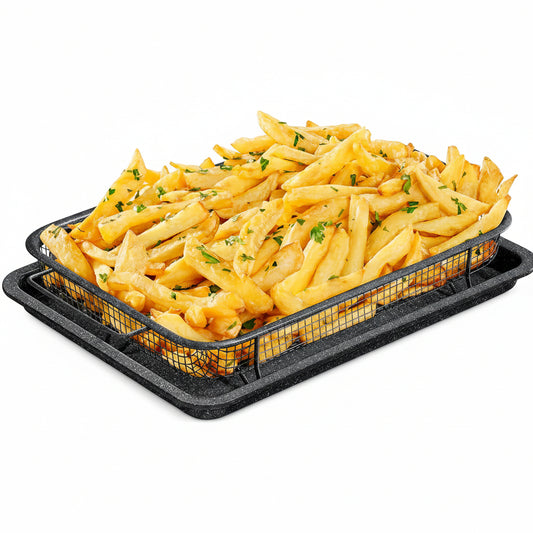 Bakken Swiss Crisper Tray - 2-Piece Set – Gray Marble, Non-Stick Basket Design for Healthier Cooking in Regular Ovens - Achieve Perfectly Crispy Chips, Bacon and More